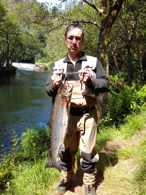 Mario Perujo Aristondo, de Cantabria, saca un salmón de 4,980 kg a cebo natural en el pozo del Ron. Lote 1 de Salmeán.